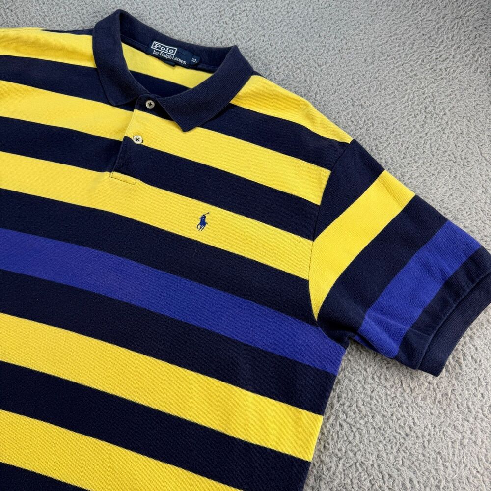 Polo Ralph Lauren Polo Shirt Men XL Yellow Navy Blue Striped Vintage Y2K Cotton